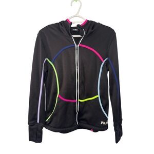 Fila Sport Womens Black Neon Colorblock Full Zip Hoodie Fleece Lined Medium‎